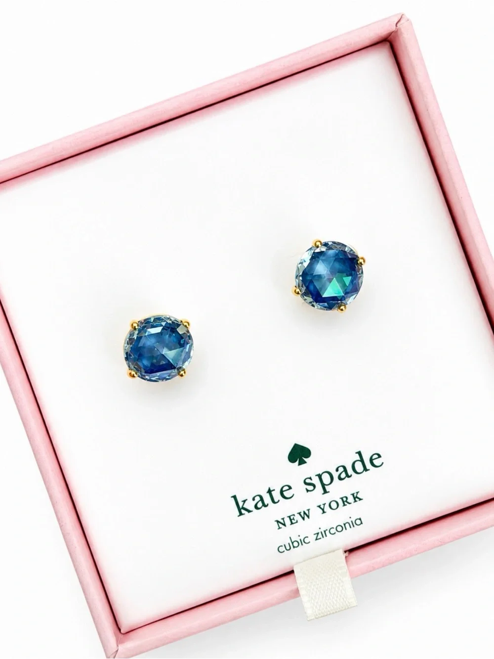 NWT Kate Spade Bright Ideas Sapphire Blue Crystal CZ Gold Tone Stud Earrings
